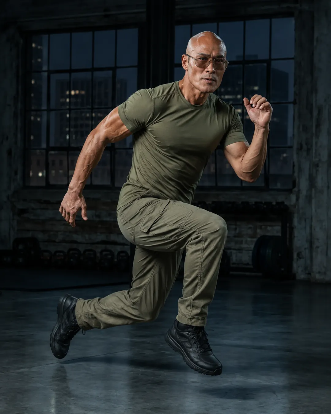 Deddy Corbuzier mengangkat lutut saat challenge di gym.