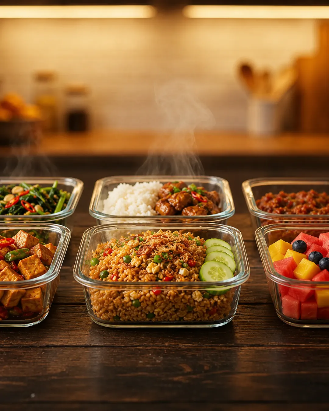 Wadah meal prep berisi nasi, sayur, dan ayam di meja kayu.