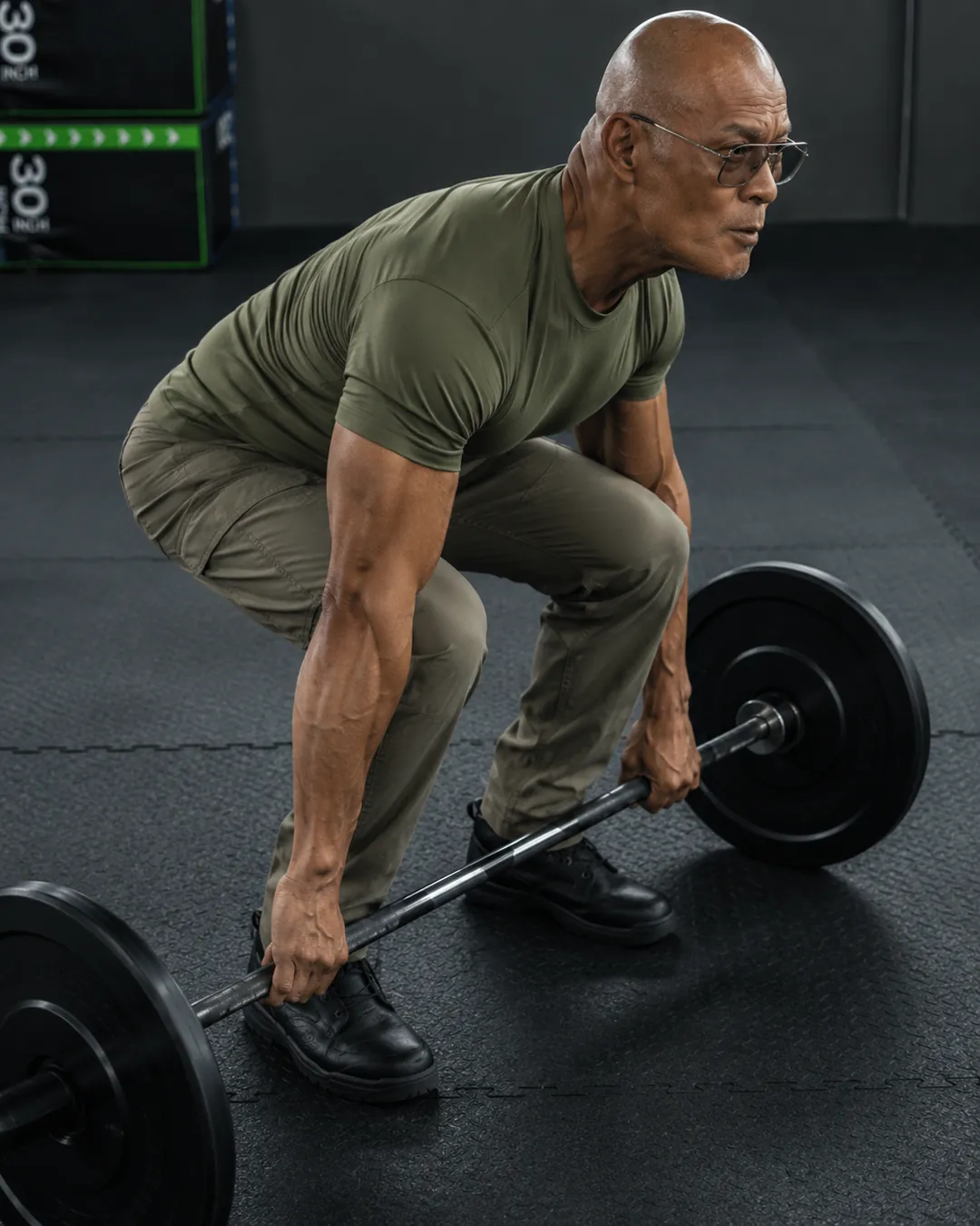 Deddy Corbuzier melakukan deadlift dengan barbel di gym.