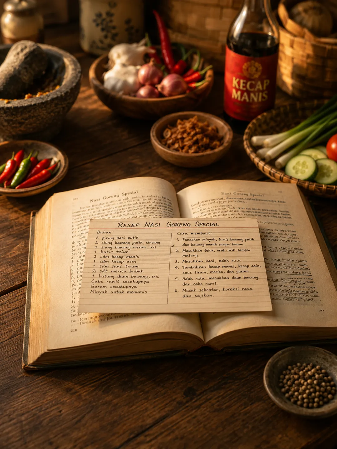 Buku catatan resep terbuka dikelilingi bahan segar khas Indonesia.