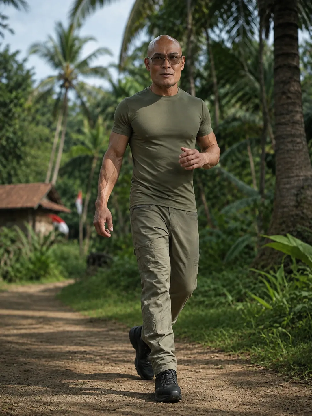 Deddy Corbuzier berjalan di jalan setapak tropis.